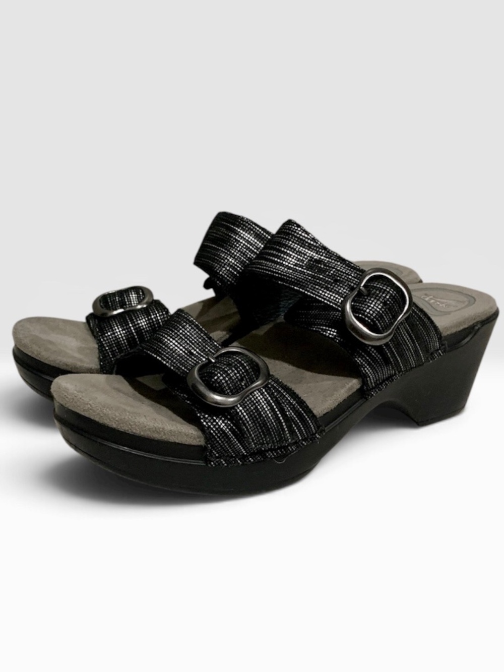 Dansko Sophie Metallic Black Leather Sandals Adjustable Shoes 36 Women's US 6